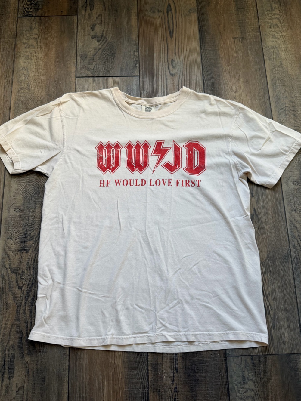 Comfort Colors Off White Short-Sleeve Tee with Red WWJD Graphic